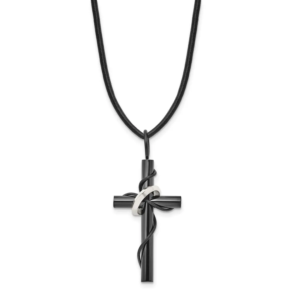 Chisel Stainless Steel Polished Black IP-plated Cross with Ring on a 20 inch Leather Cord Necklace