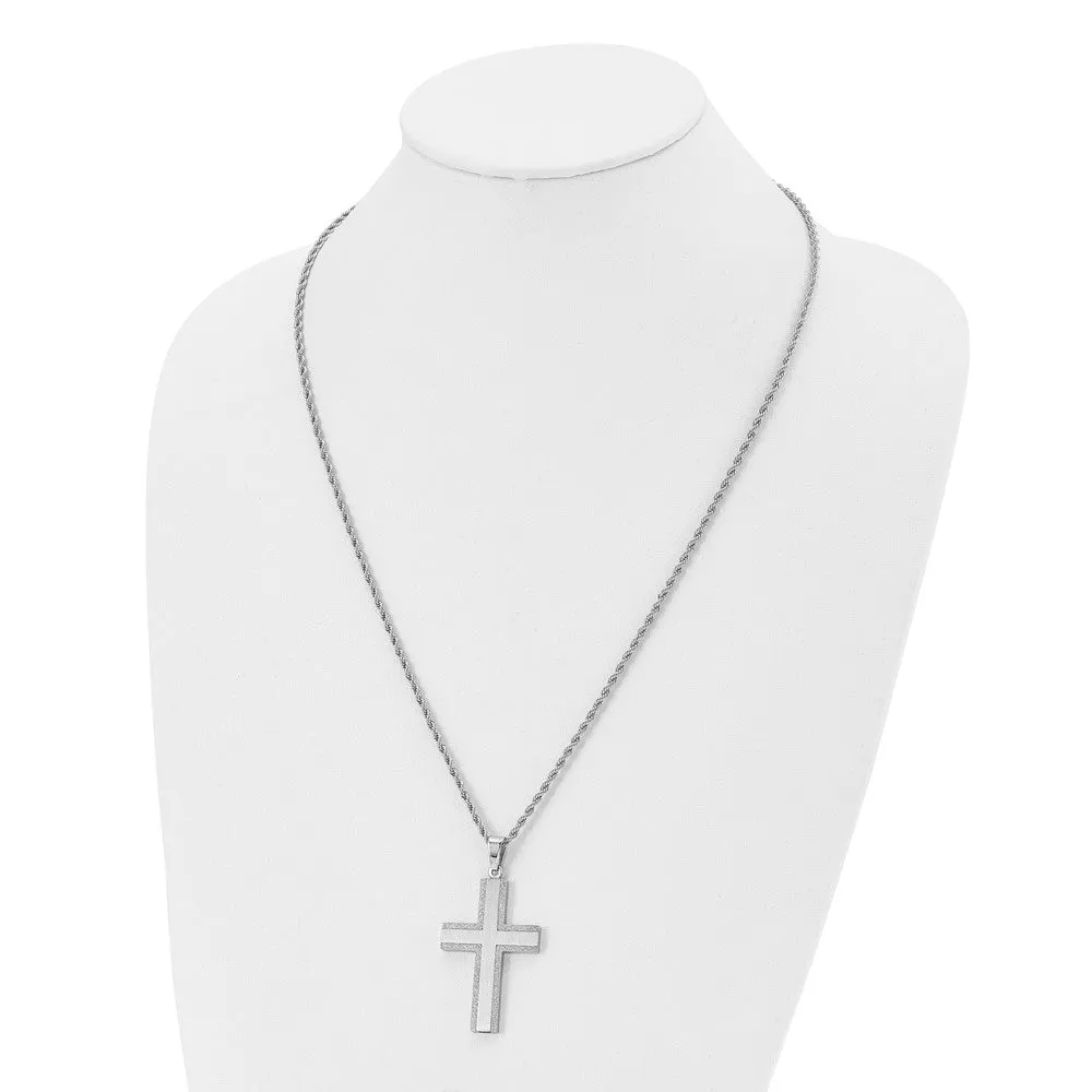 Chisel Stainless Steel Polished Laser Cut Edges Cross Pendant on a 24 inch Rope Chain Necklace