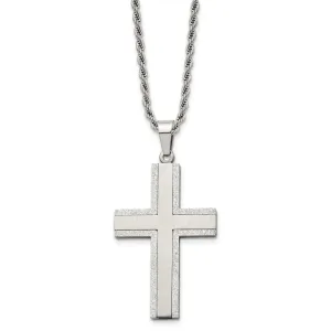 Chisel Stainless Steel Polished Laser Cut Edges Cross Pendant on a 24 inch Rope Chain Necklace