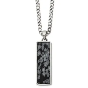 Chisel Stainless Steel Polished with Alabaster Stone Inlay Rectangle Pendant on a 22 inch Curb Chain Necklace