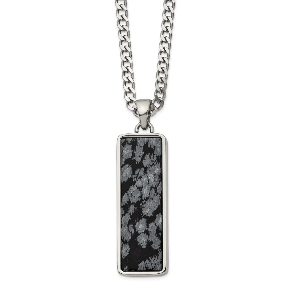 Chisel Stainless Steel Polished with Alabaster Stone Inlay Rectangle Pendant on a 22 inch Curb Chain Necklace