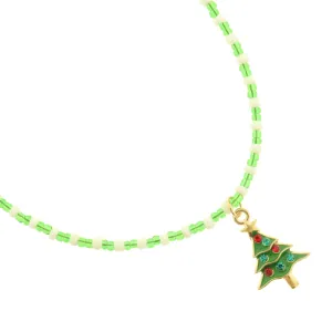 Christmas Seed Bead Choker Necklace - 16"   2" - Green and White - BB100