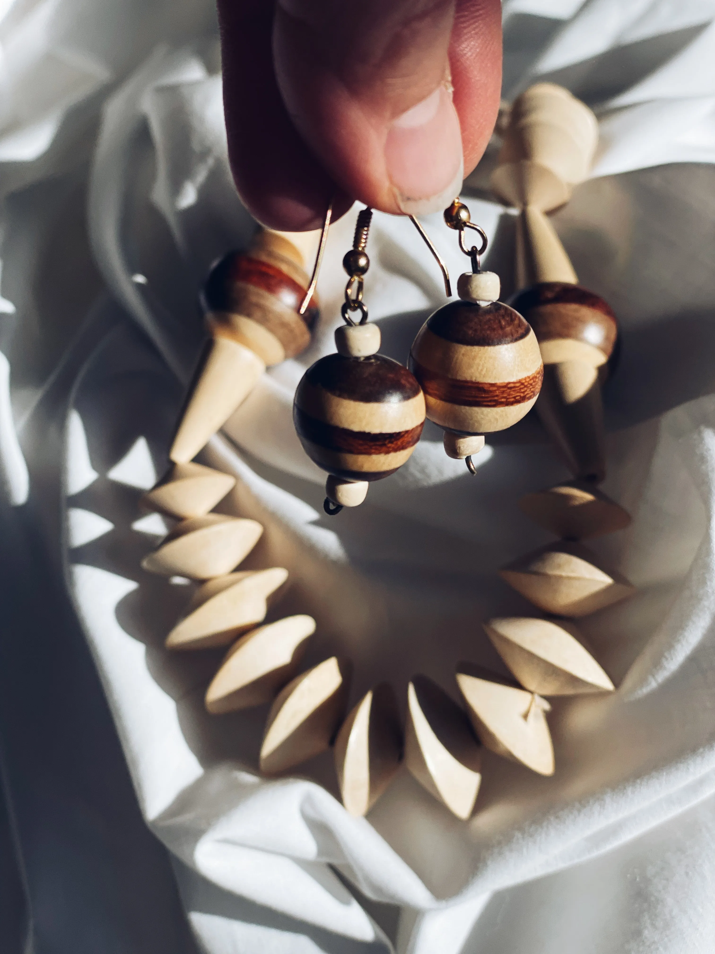 Chunky Wood Necklace and Earrings Set