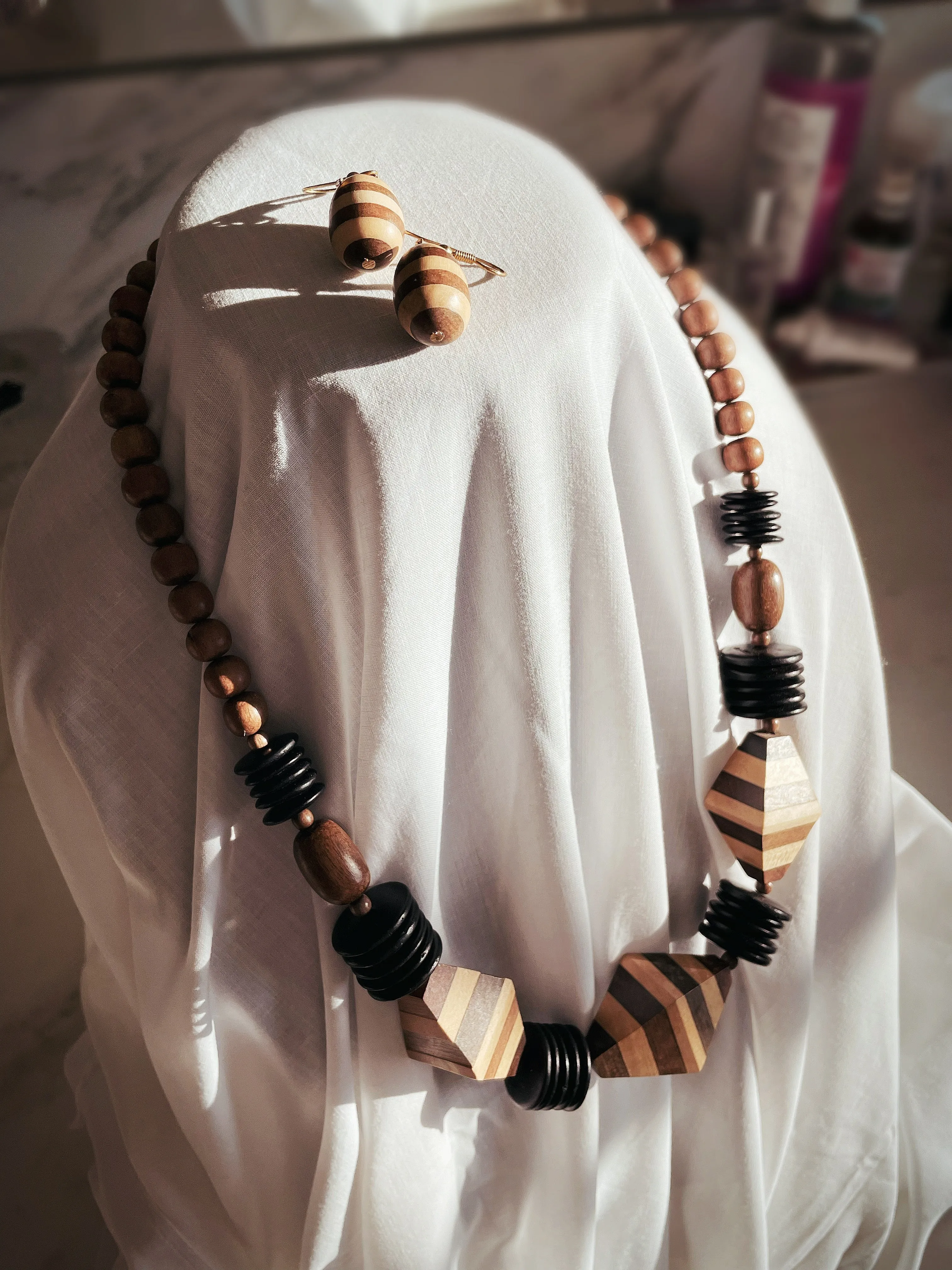 Chunky Wooden Statement Necklace and Earrings Set