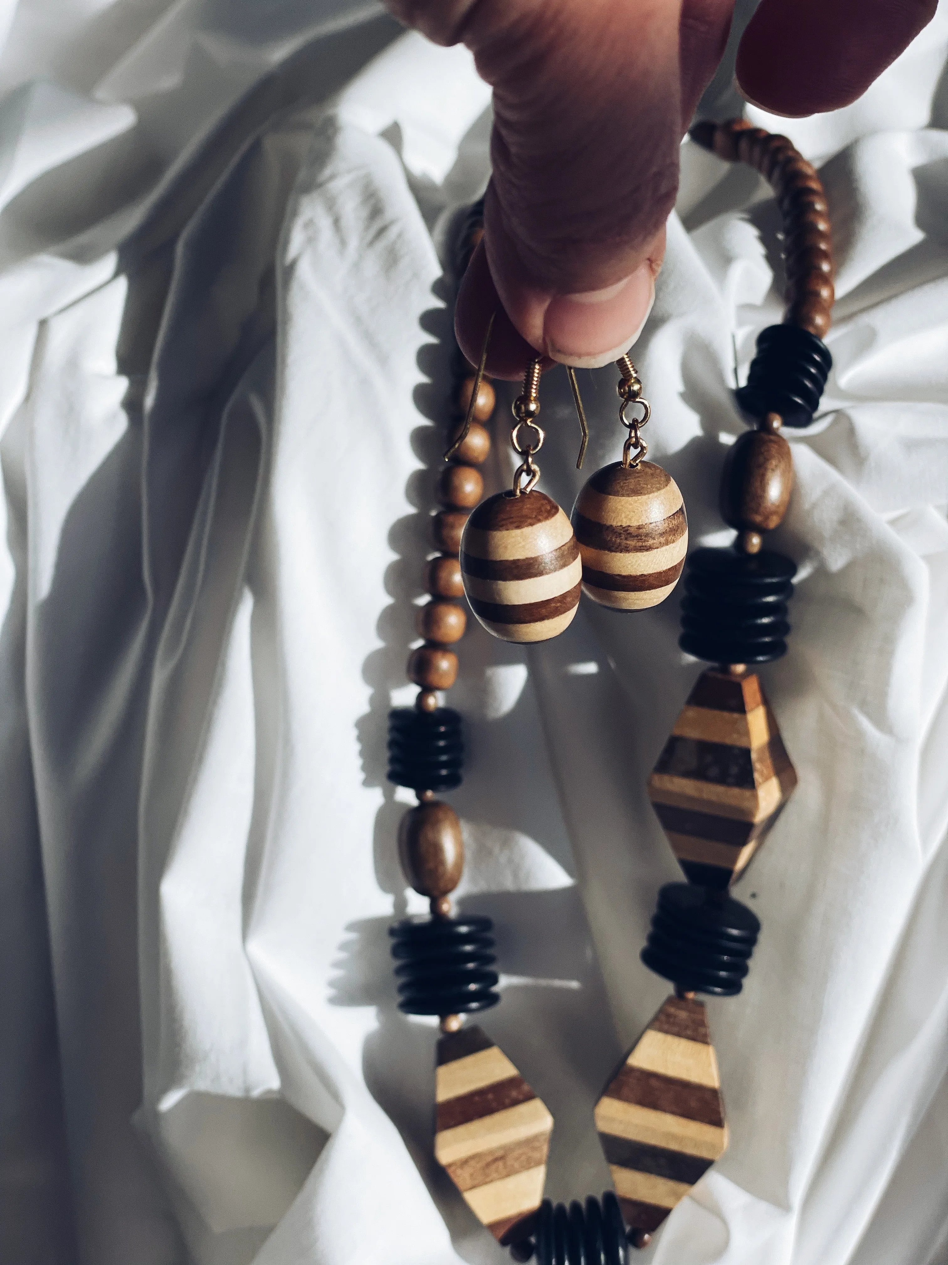 Chunky Wooden Statement Necklace and Earrings Set