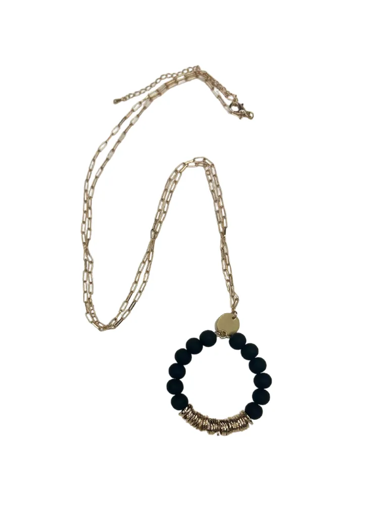 Clay Bead Pendant Long Necklace - Black