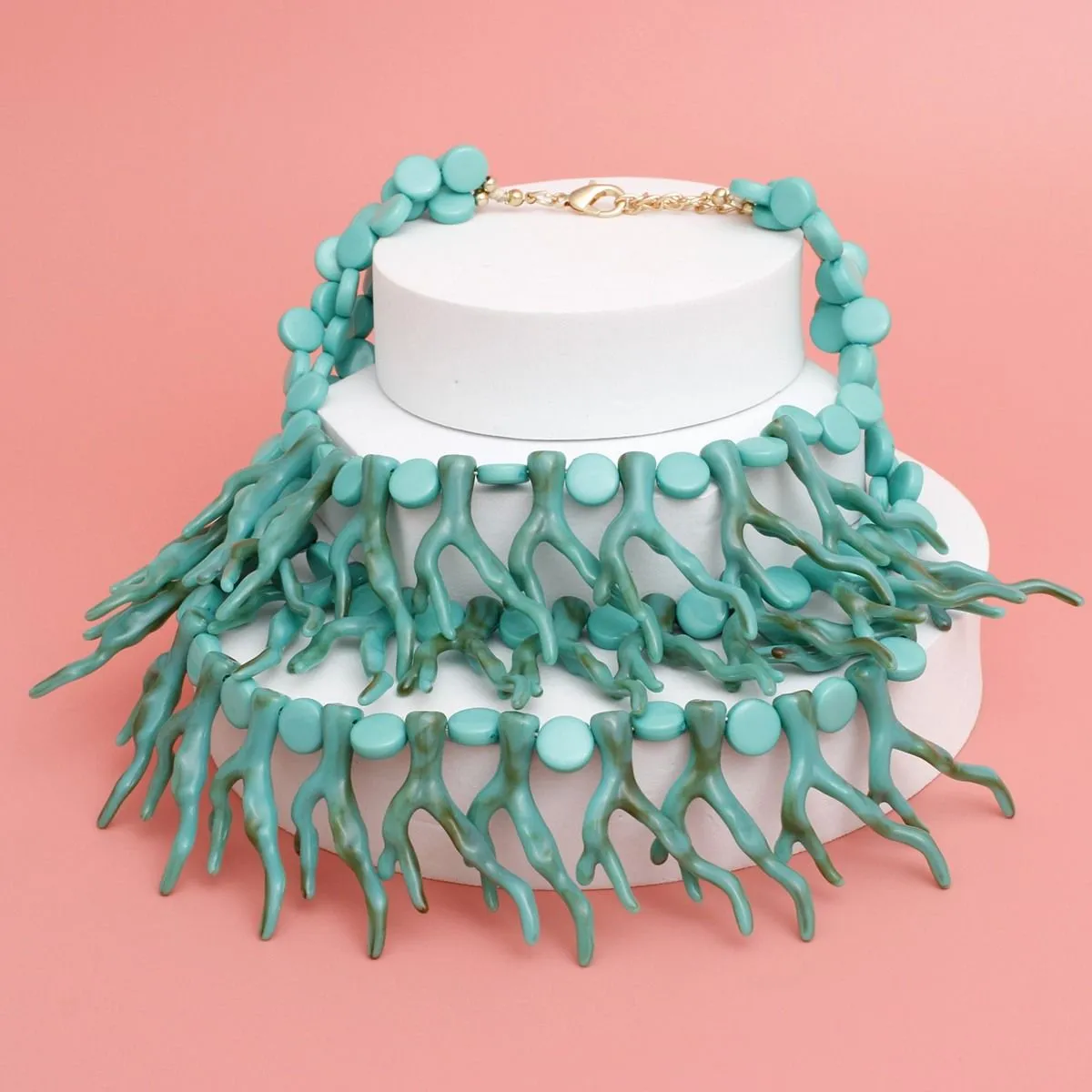 Coastal Chic Turquoise Coral Bib Necklace – Layered Acrylic Ocean-Inspired Jewelry for Women