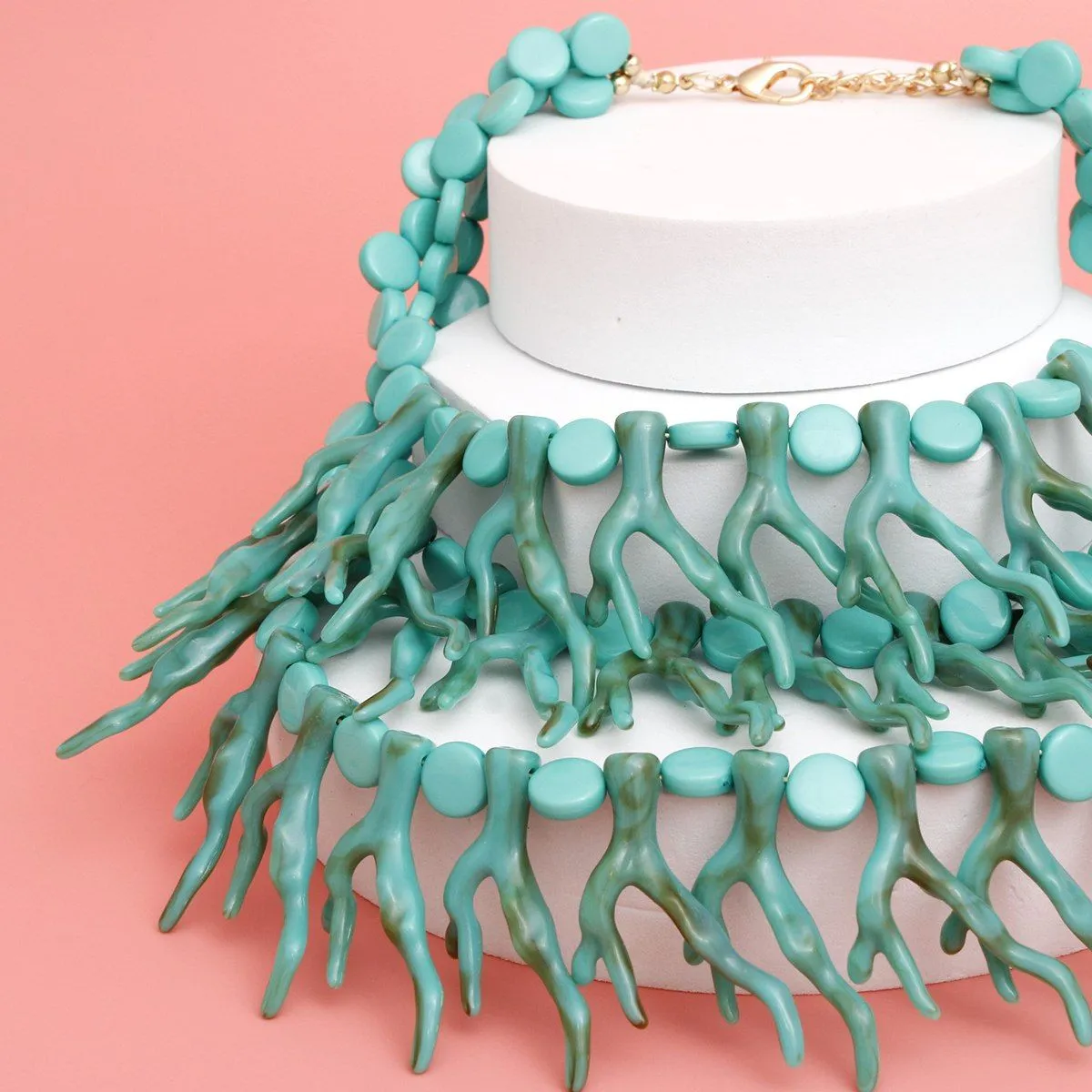 Coastal Chic Turquoise Coral Bib Necklace – Layered Acrylic Ocean-Inspired Jewelry for Women