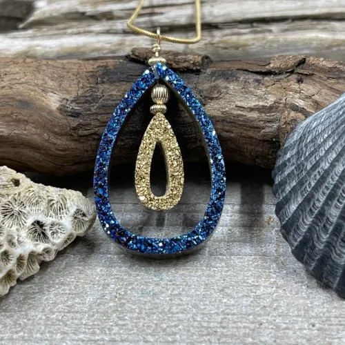 Cobalt Blue Druzy and 18K Gold Coated Tear Drop Necklace