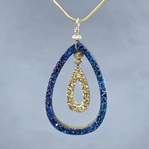 Cobalt Blue Druzy and 18K Gold Coated Tear Drop Necklace