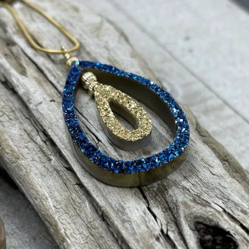 Cobalt Blue Druzy and 18K Gold Coated Tear Drop Necklace