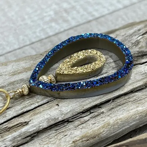 Cobalt Blue Druzy and 18K Gold Coated Tear Drop Necklace