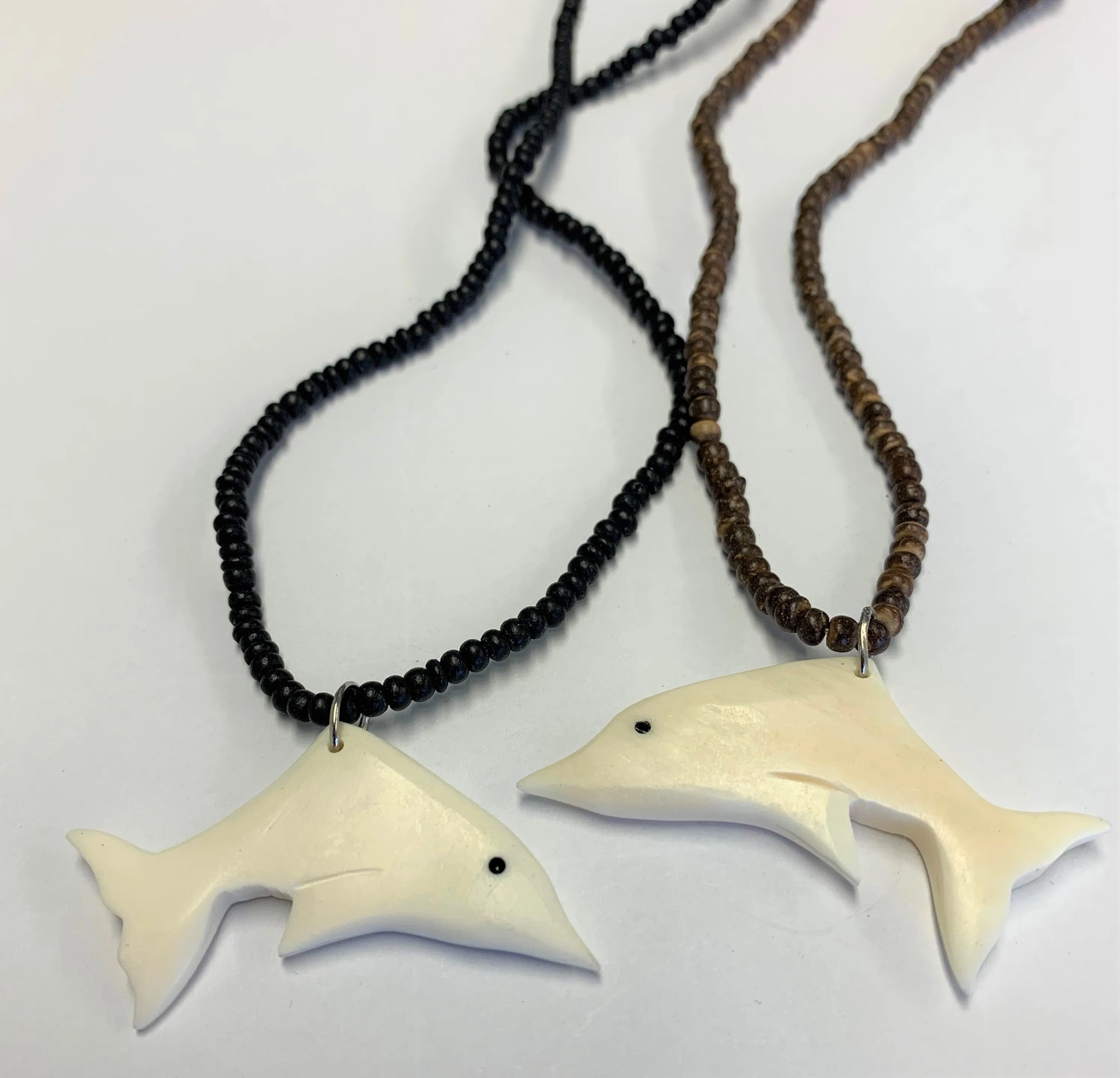 COCONUT SHELL WITH REAL BONE DOLPHIN NECKLACES (Sold by the dozen)