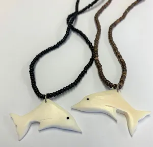 COCONUT SHELL WITH REAL BONE DOLPHIN NECKLACES (Sold by the dozen)
