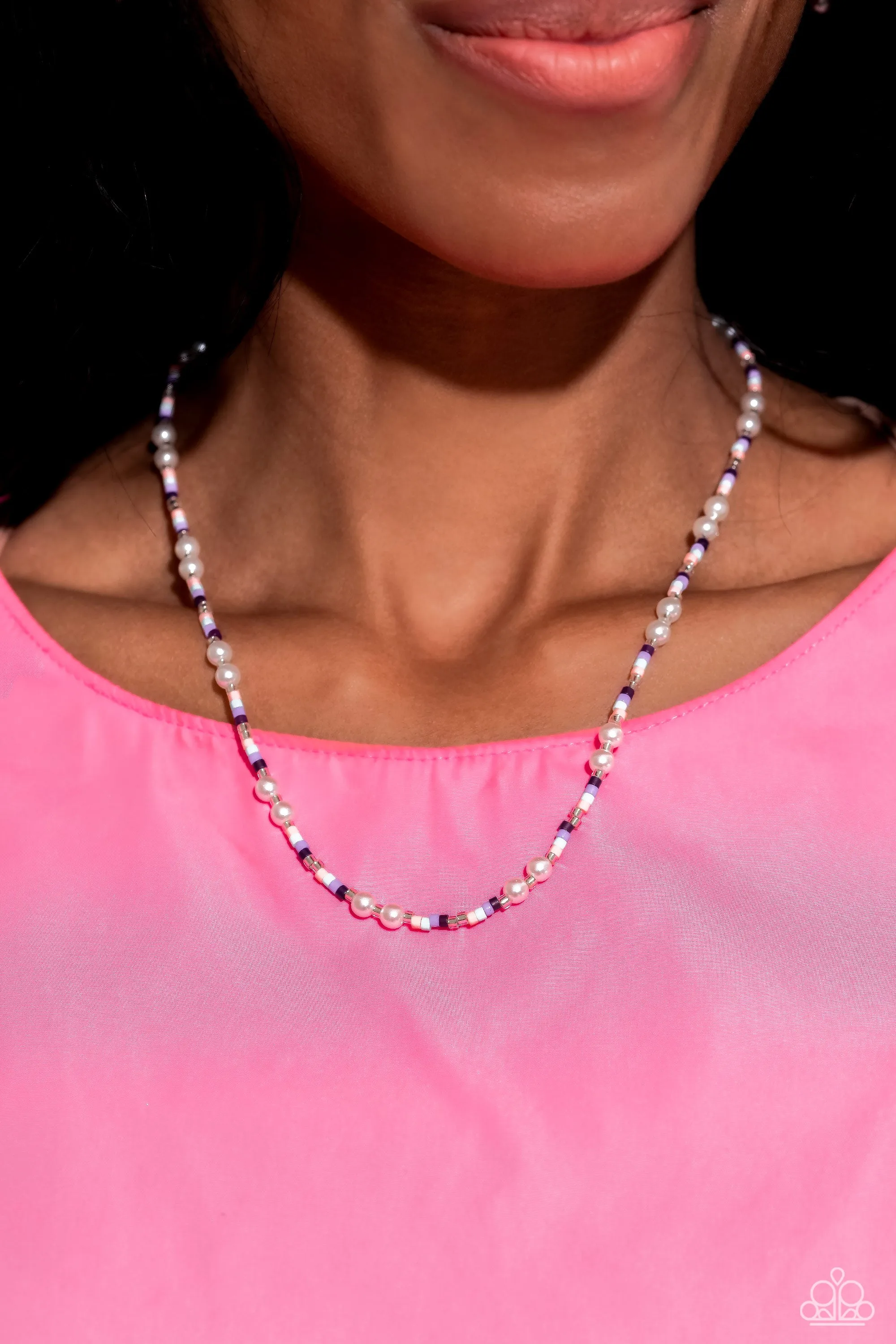 Colorblock Charm - Purple - Seed Bead and Pearl Paparazzi Short Necklace
