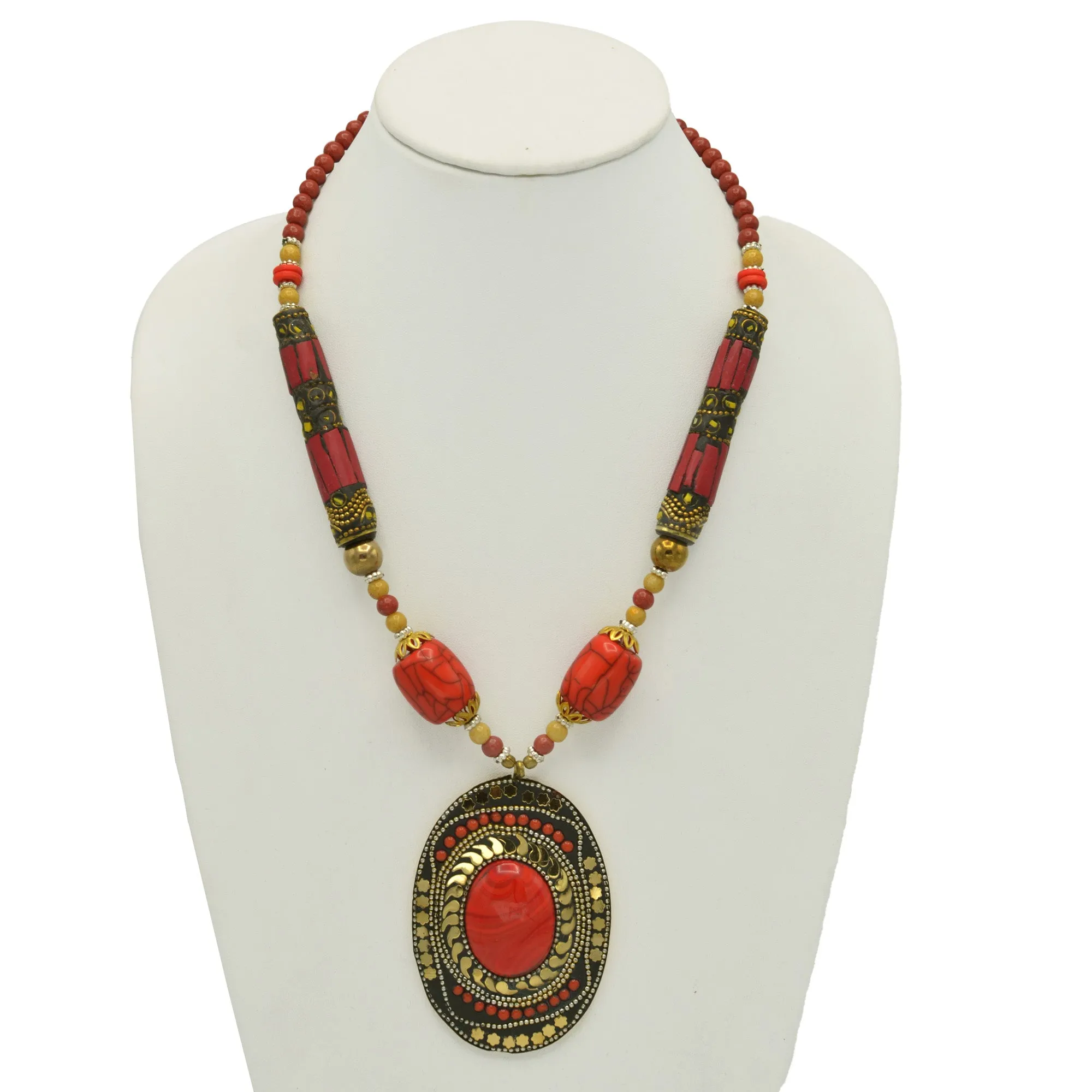 CORAL & CREAM BEADS WITH OVAL GOLD CORAL PENDANT NECKLACE #FWNK-2202-107