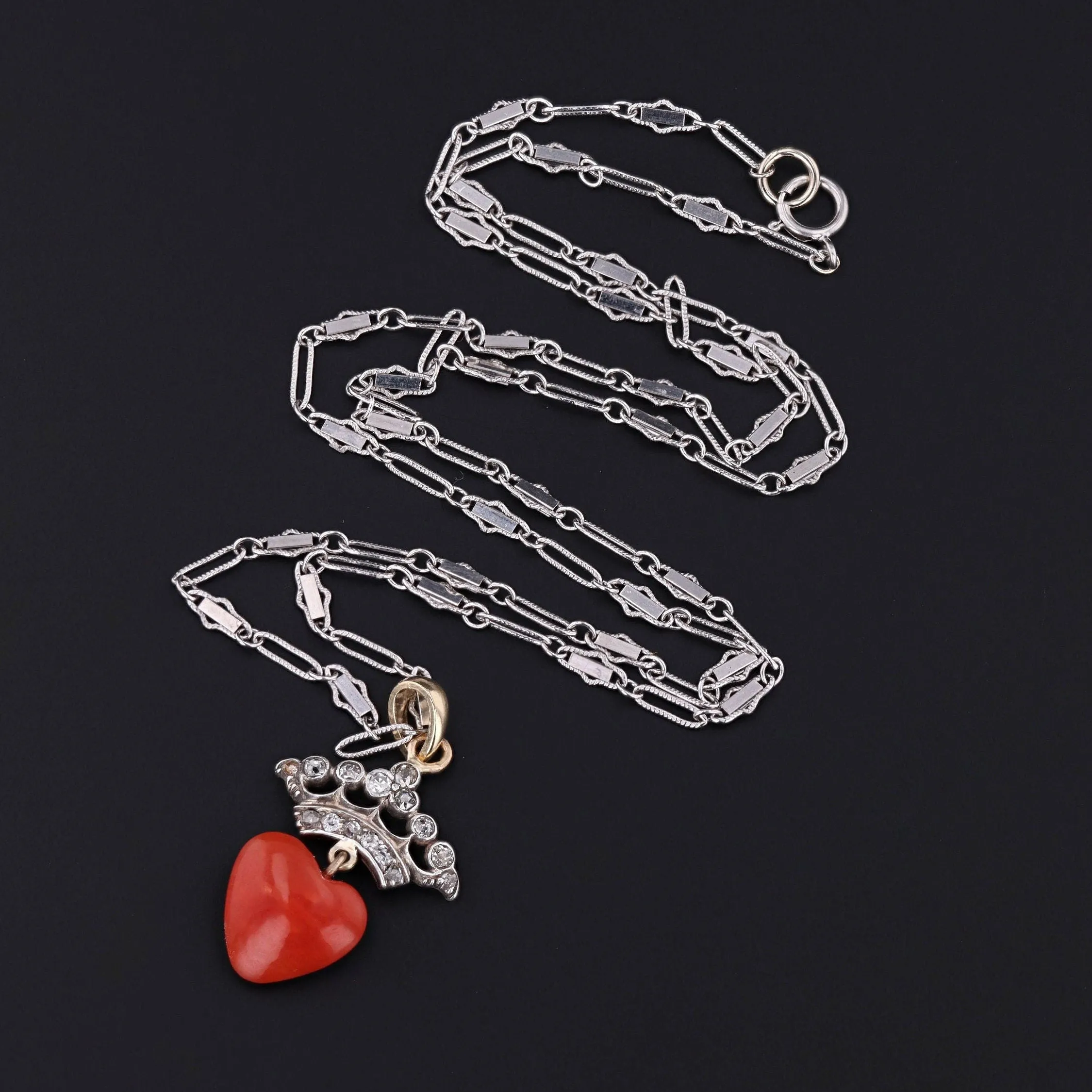 Coral & Diamond Crowned Heart Pendant | Platinum Topped 14k Pendant on Optional 14k Chain
