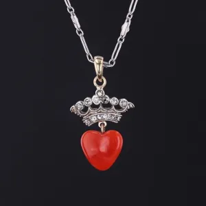 Coral & Diamond Crowned Heart Pendant | Platinum Topped 14k Pendant on Optional 14k Chain