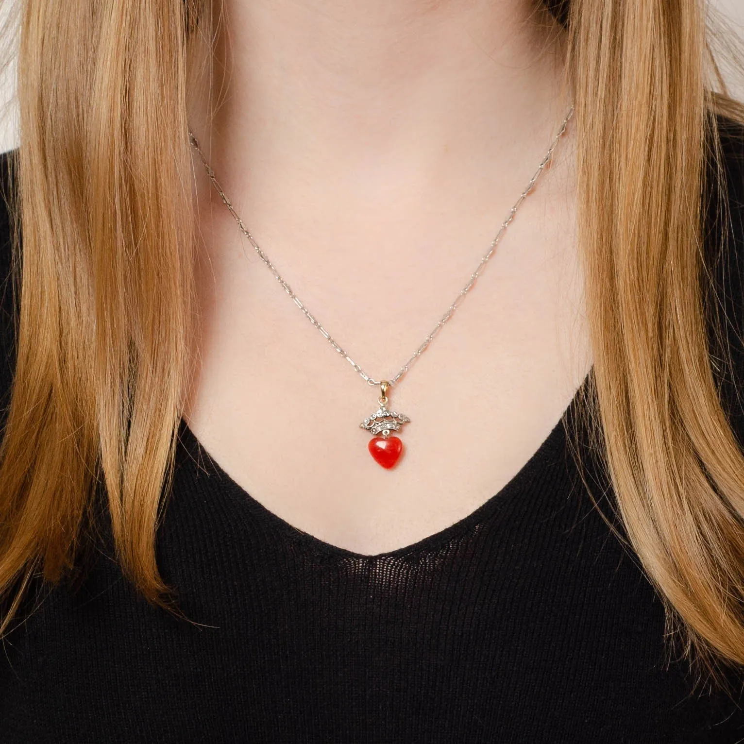 Coral & Diamond Crowned Heart Pendant | Platinum Topped 14k Pendant on Optional 14k Chain