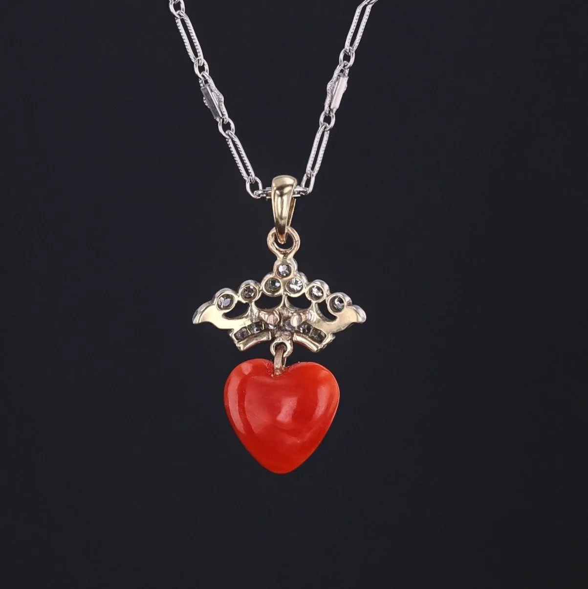 Coral & Diamond Crowned Heart Pendant | Platinum Topped 14k Pendant on Optional 14k Chain