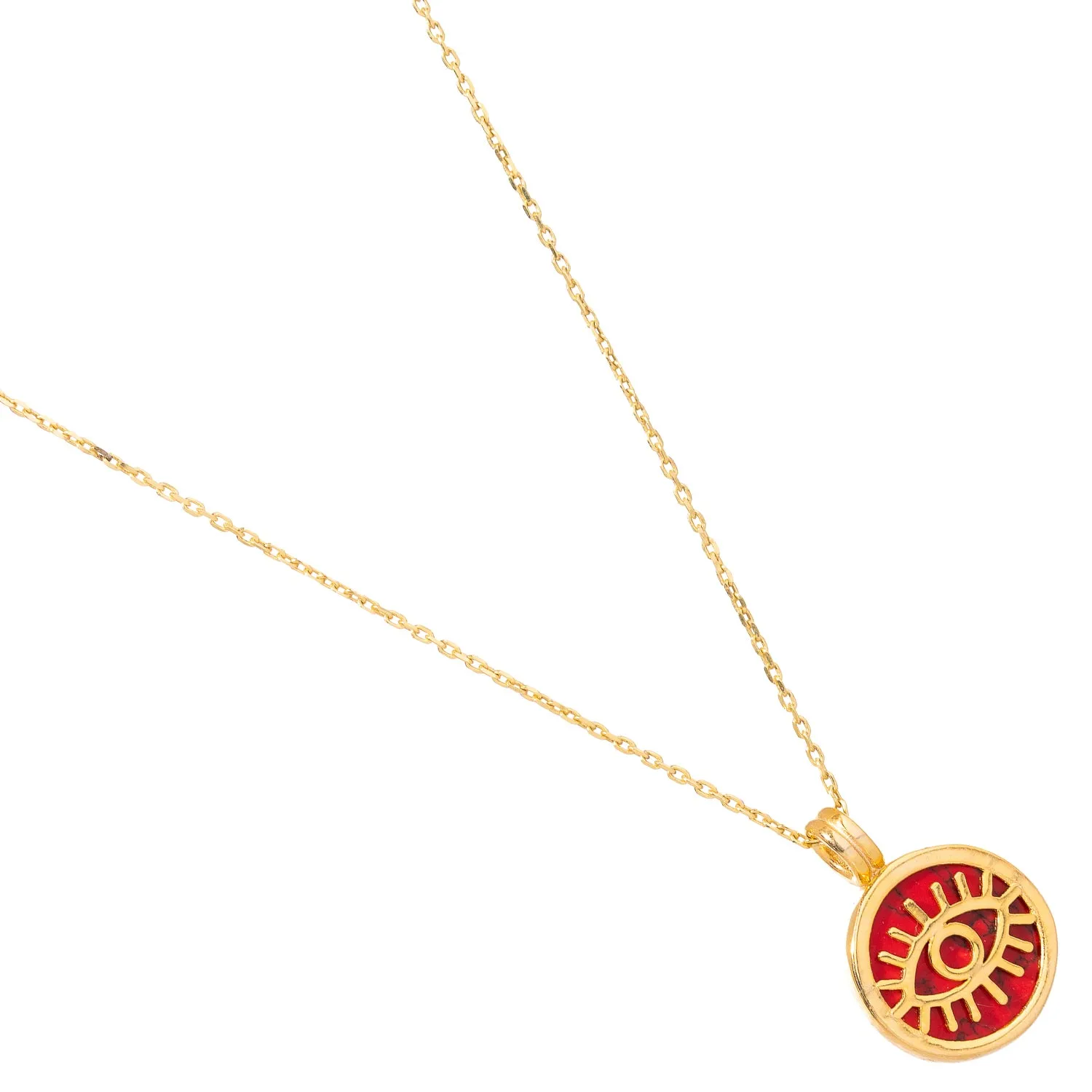 Coral & Gold Round Evil Eye Pendant Talisman Necklace