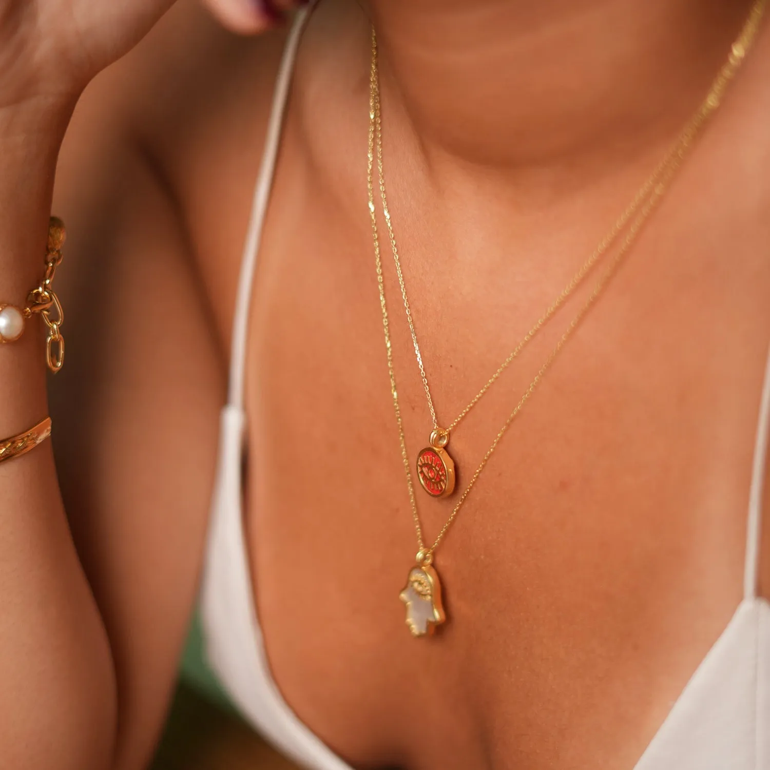 Coral & Gold Round Evil Eye Pendant Talisman Necklace