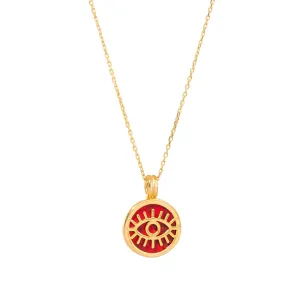 Coral & Gold Round Evil Eye Pendant Talisman Necklace