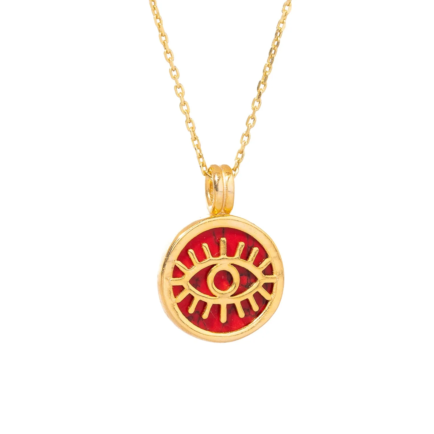 Coral & Gold Round Evil Eye Pendant Talisman Necklace