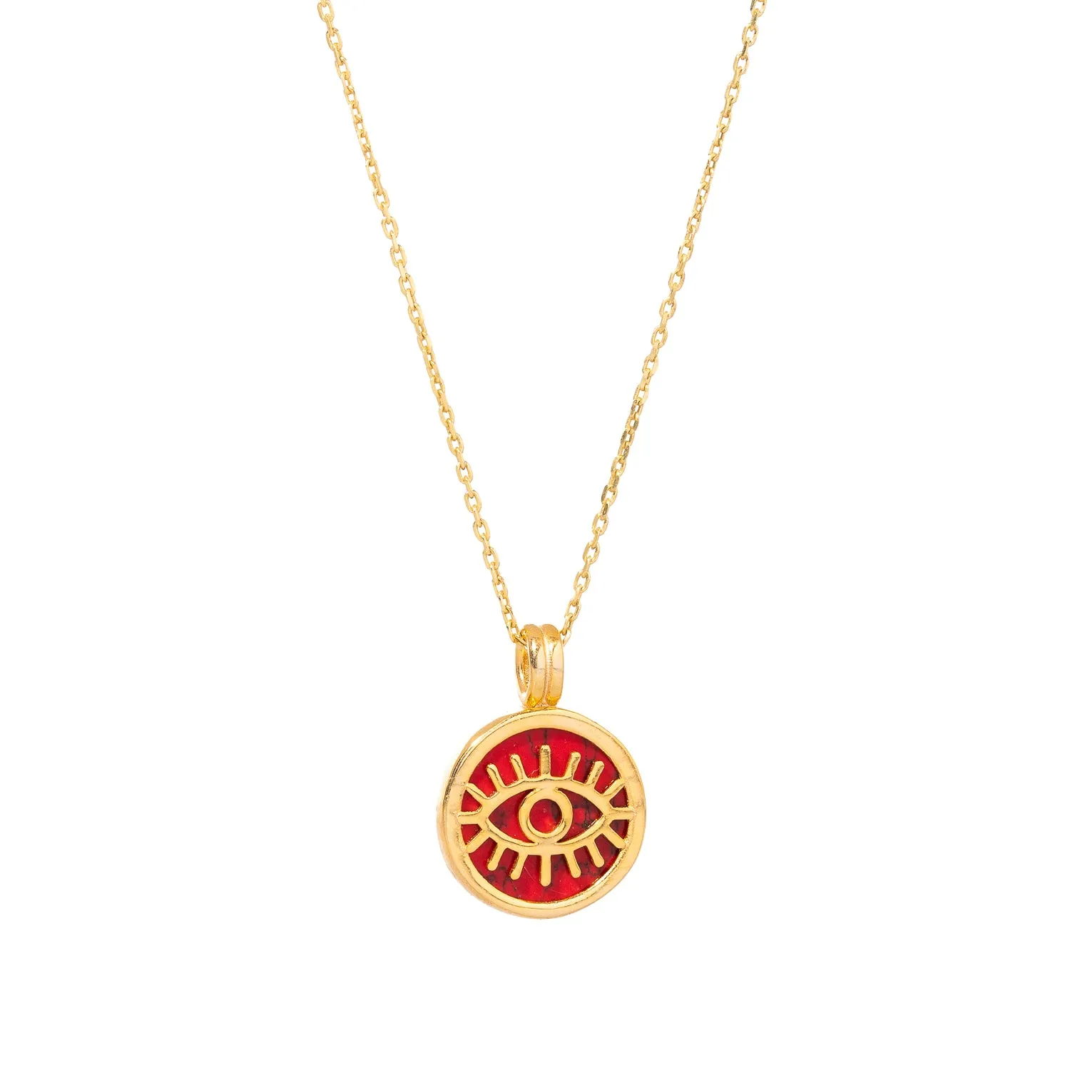 Coral & Gold Round Evil Eye Pendant Talisman Necklace