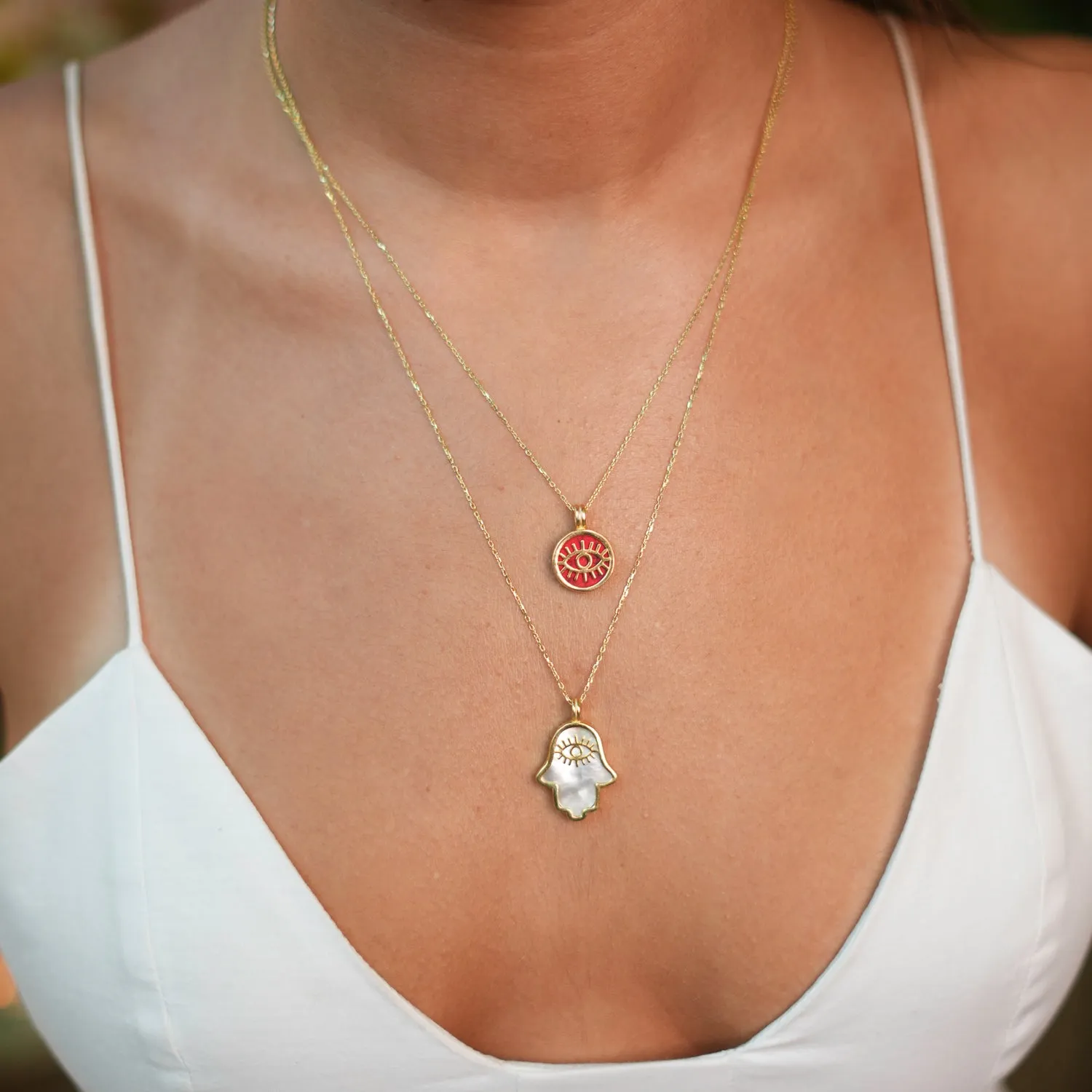 Coral & Gold Round Evil Eye Pendant Talisman Necklace
