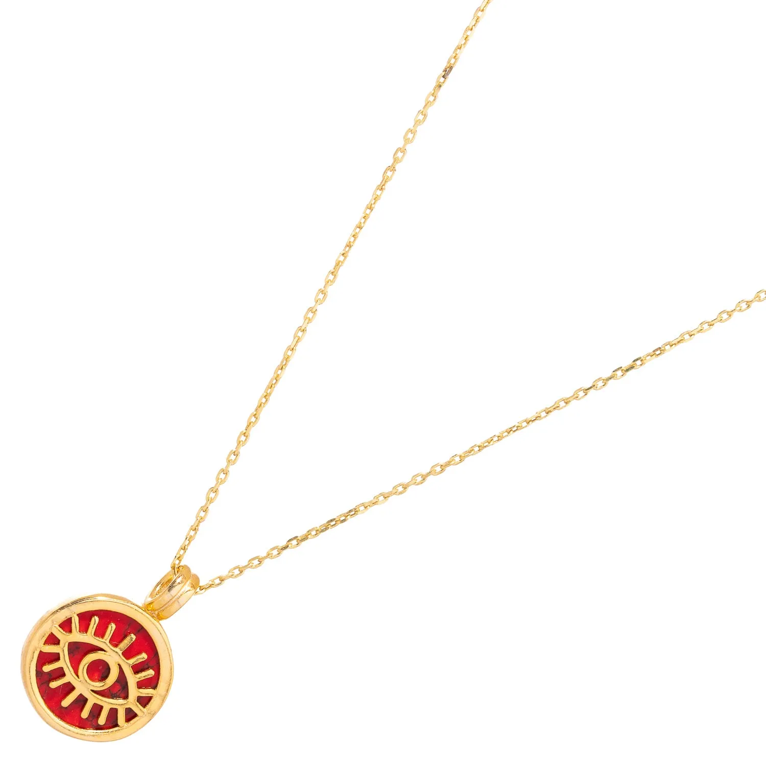 Coral & Gold Round Evil Eye Pendant Talisman Necklace
