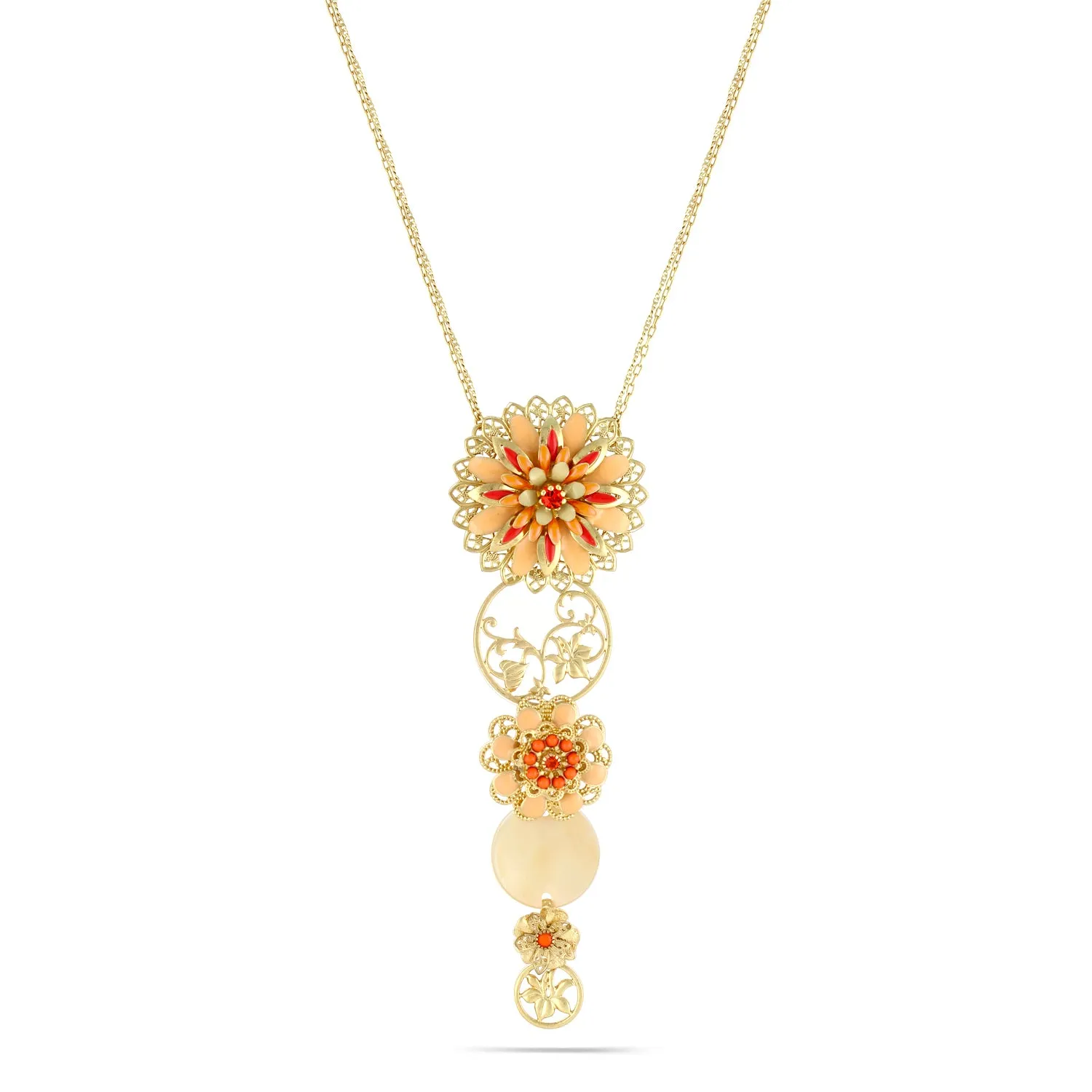 CORAL PEACH ENAMEL FLOWER GOLD FILIGREE  NECKLACES #233CR1301 (10E1)