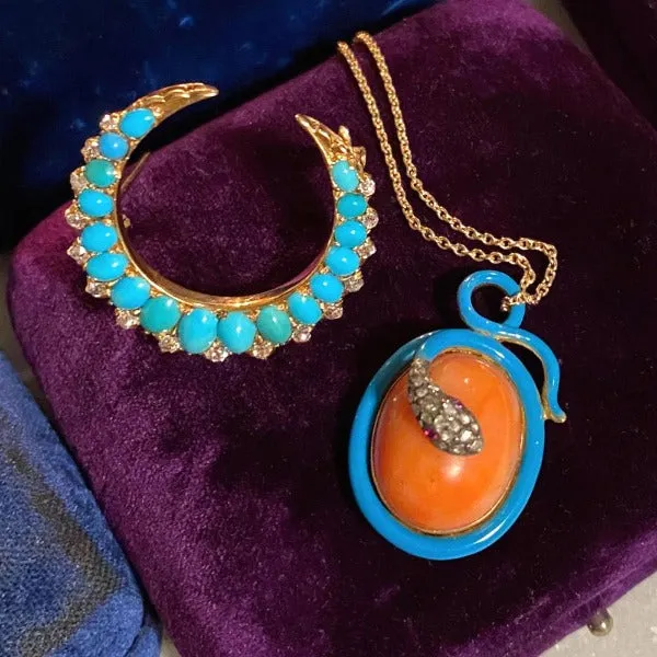Coral, Rose Cut Diamond & Enamel Snake Pendant