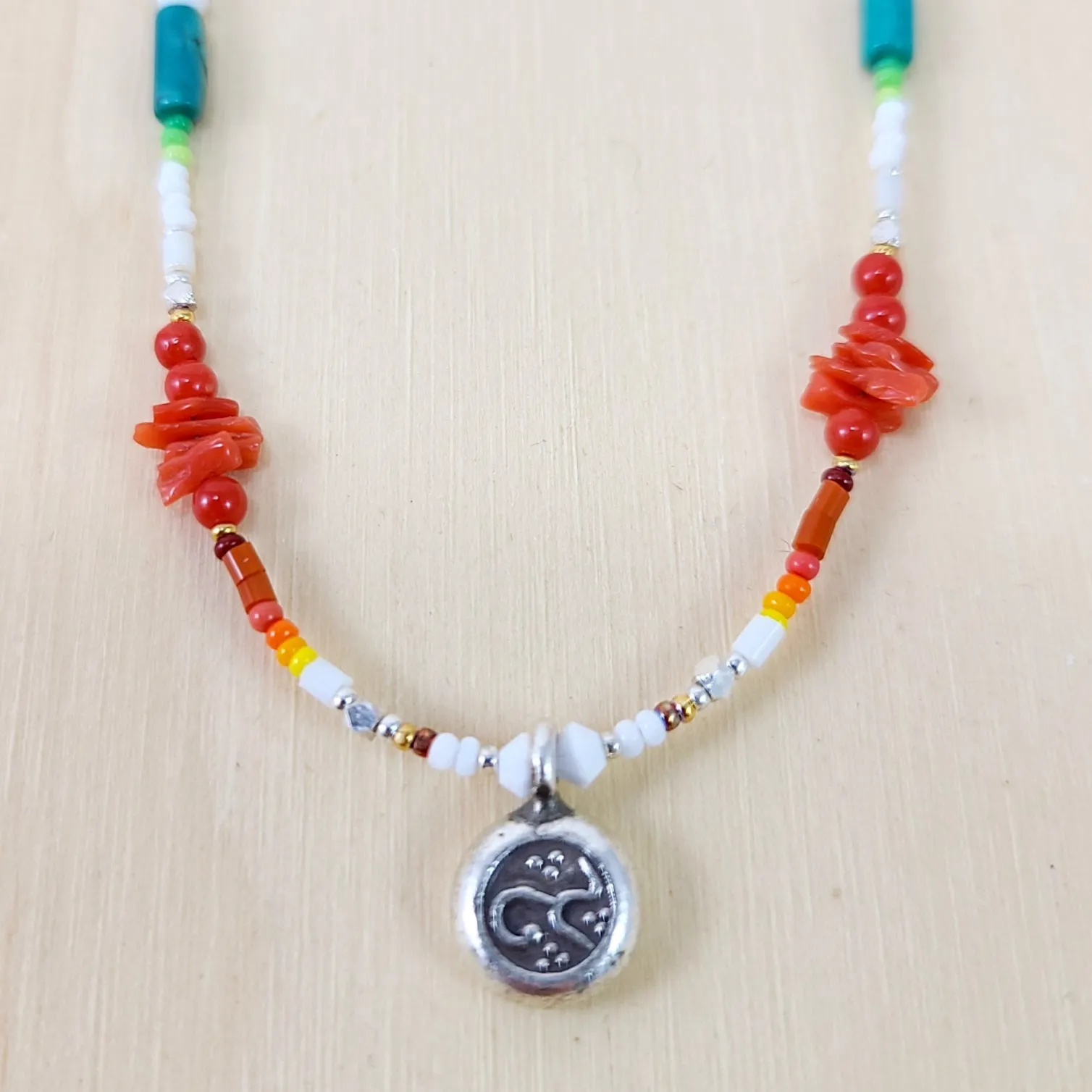 Coral, Turquoise, Swarovski Crystal, Czech Glass Beads Necklace