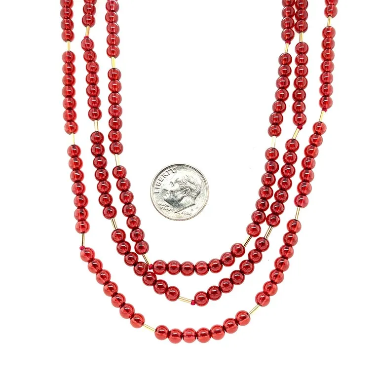 Cranberry Garnet Bead Necklace, Yellow Gold Accents & Clasp