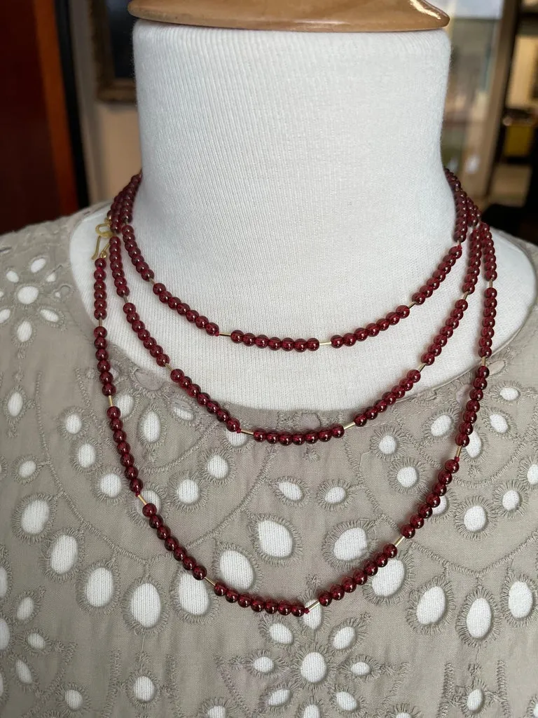 Cranberry Garnet Bead Necklace, Yellow Gold Accents & Clasp