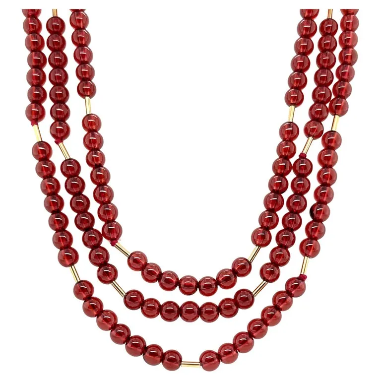 Cranberry Garnet Bead Necklace, Yellow Gold Accents & Clasp