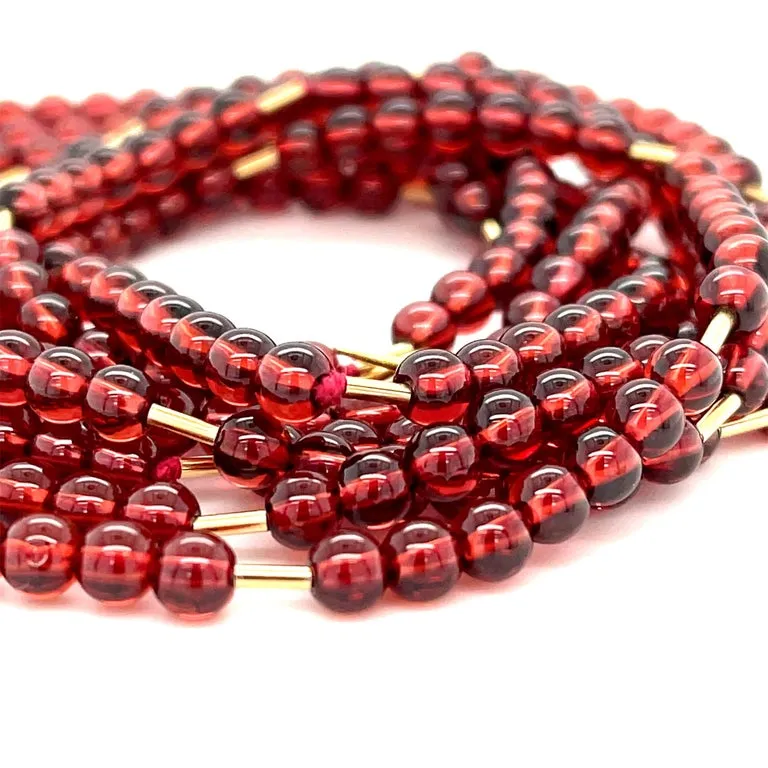 Cranberry Garnet Bead Necklace, Yellow Gold Accents & Clasp
