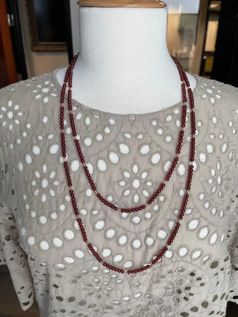 Cranberry Garnet Bead Necklace, Yellow Gold Accents & Clasp