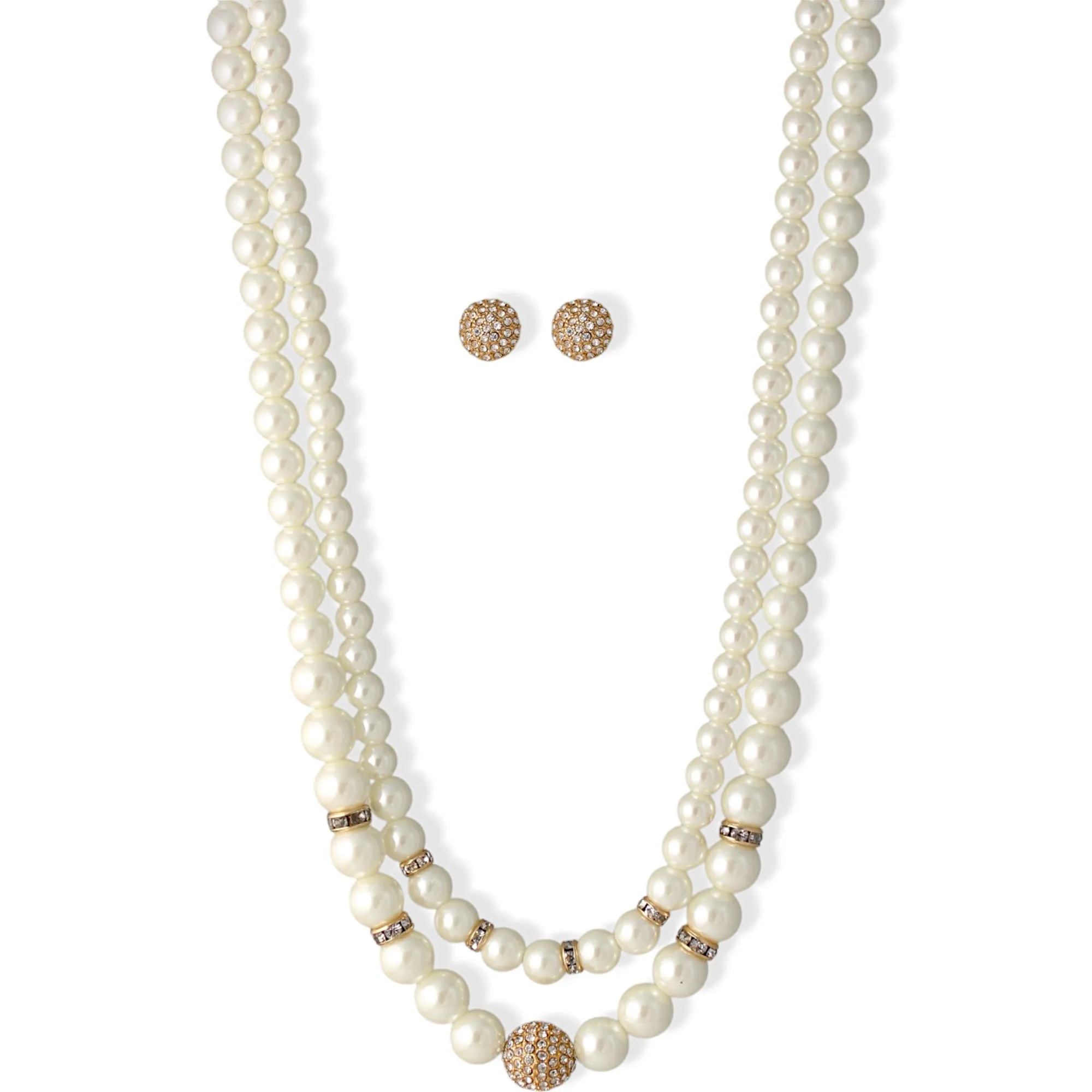 Cream Pearl And Gold Crystal Pave Ball Necklace And earrings Set #SQ321-1026-0296G (DG5/GE17)
