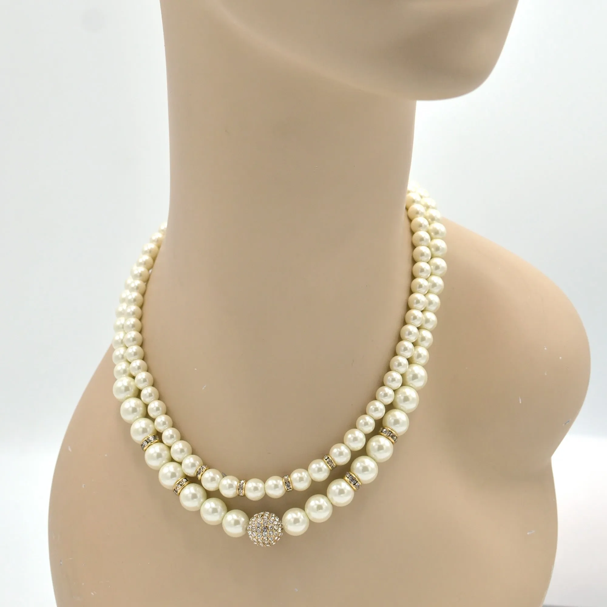 Cream Pearl And Gold Crystal Pave Ball Necklace And earrings Set #SQ321-1026-0296G (DG5/GE17)