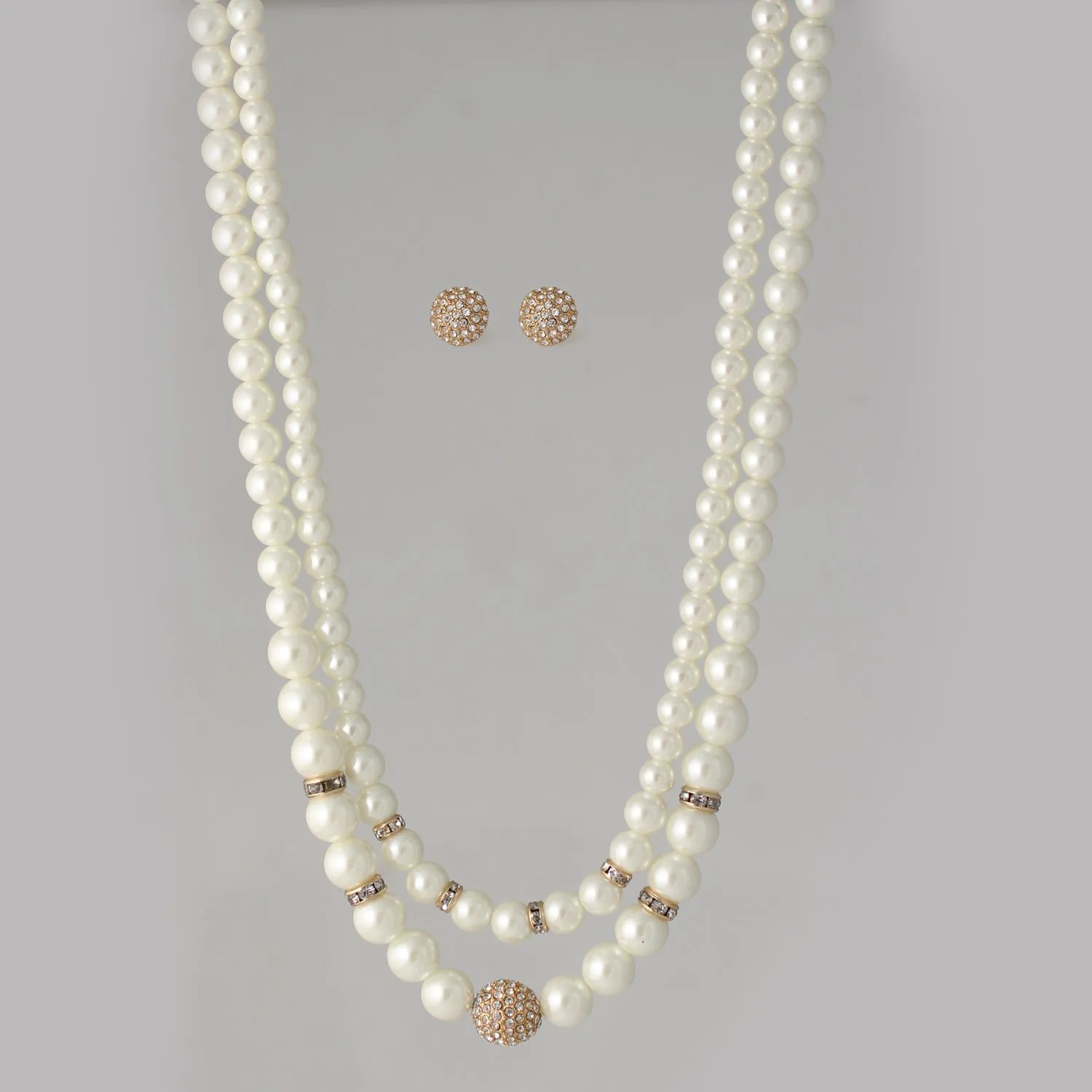 Cream Pearl And Gold Crystal Pave Ball Necklace And earrings Set #SQ321-1026-0296G (DG5/GE17)
