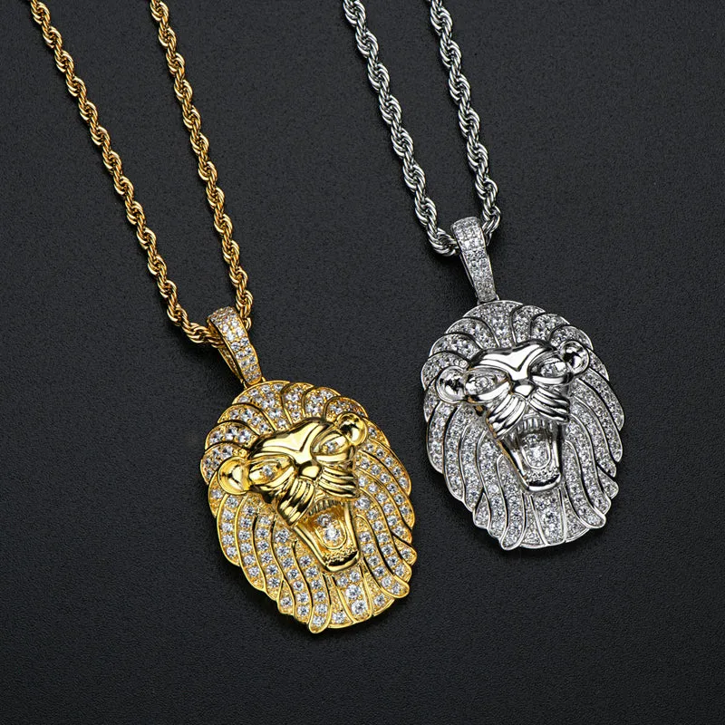 Created Diamond Domineering Lion Rope Chain Hip Hop Pendant Necklace
