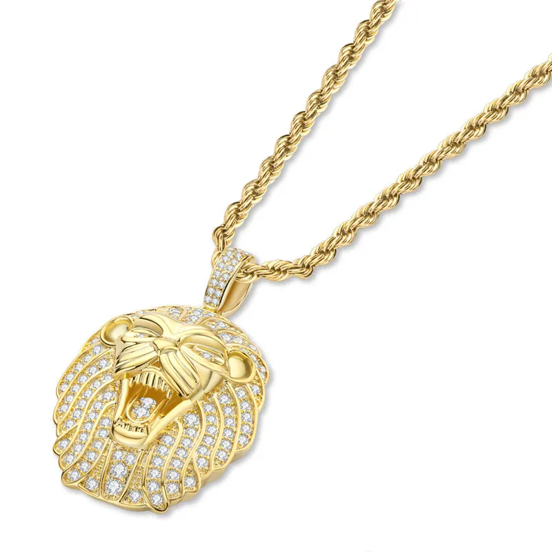 Created Diamond Domineering Lion Rope Chain Hip Hop Pendant Necklace