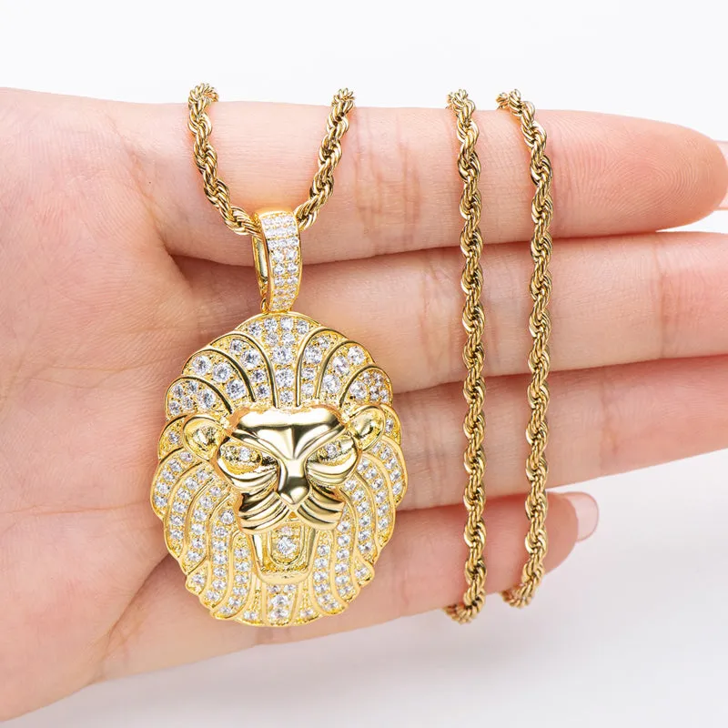 Created Diamond Domineering Lion Rope Chain Hip Hop Pendant Necklace