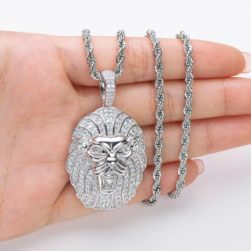 Created Diamond Domineering Lion Rope Chain Hip Hop Pendant Necklace