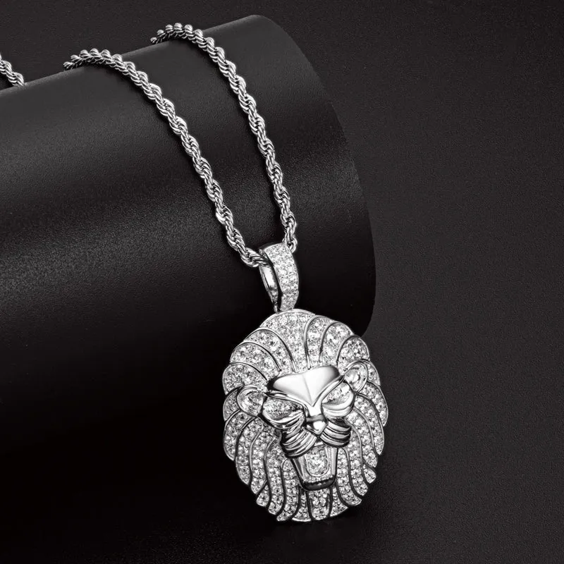 Created Diamond Domineering Lion Rope Chain Hip Hop Pendant Necklace
