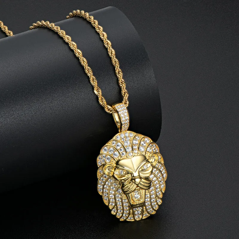 Created Diamond Domineering Lion Rope Chain Hip Hop Pendant Necklace