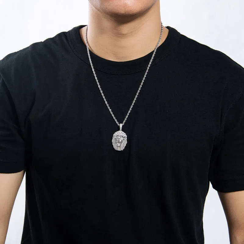Created Diamond Domineering Lion Rope Chain Hip Hop Pendant Necklace
