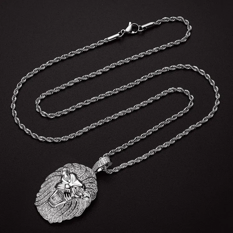 Created Diamond Domineering Lion Rope Chain Hip Hop Pendant Necklace